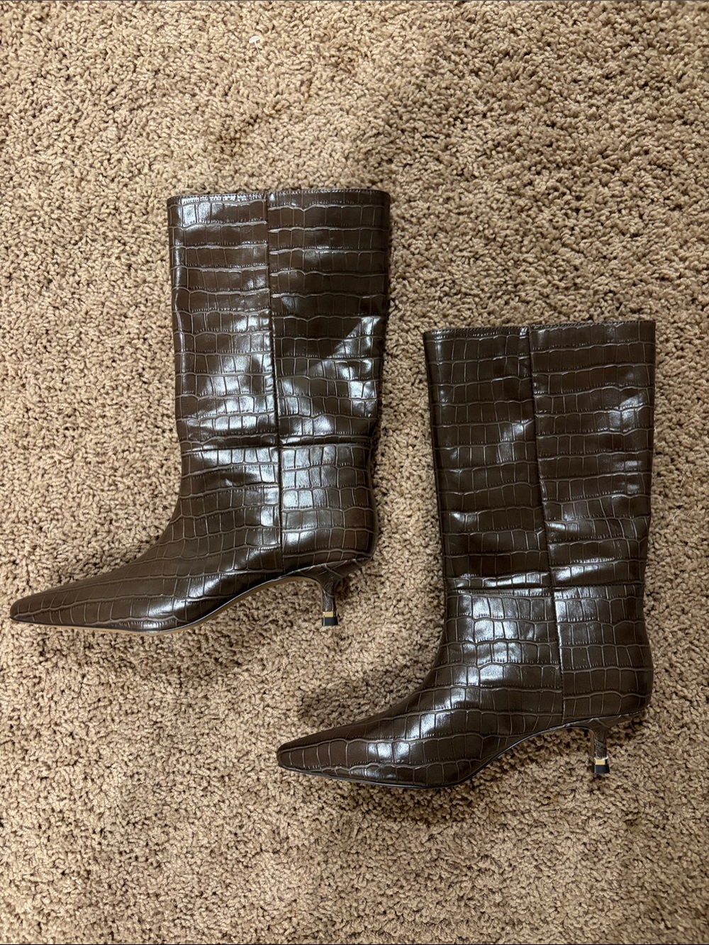 Croc-Embossed Mid-Calf Kitten Heel Boots - Brown